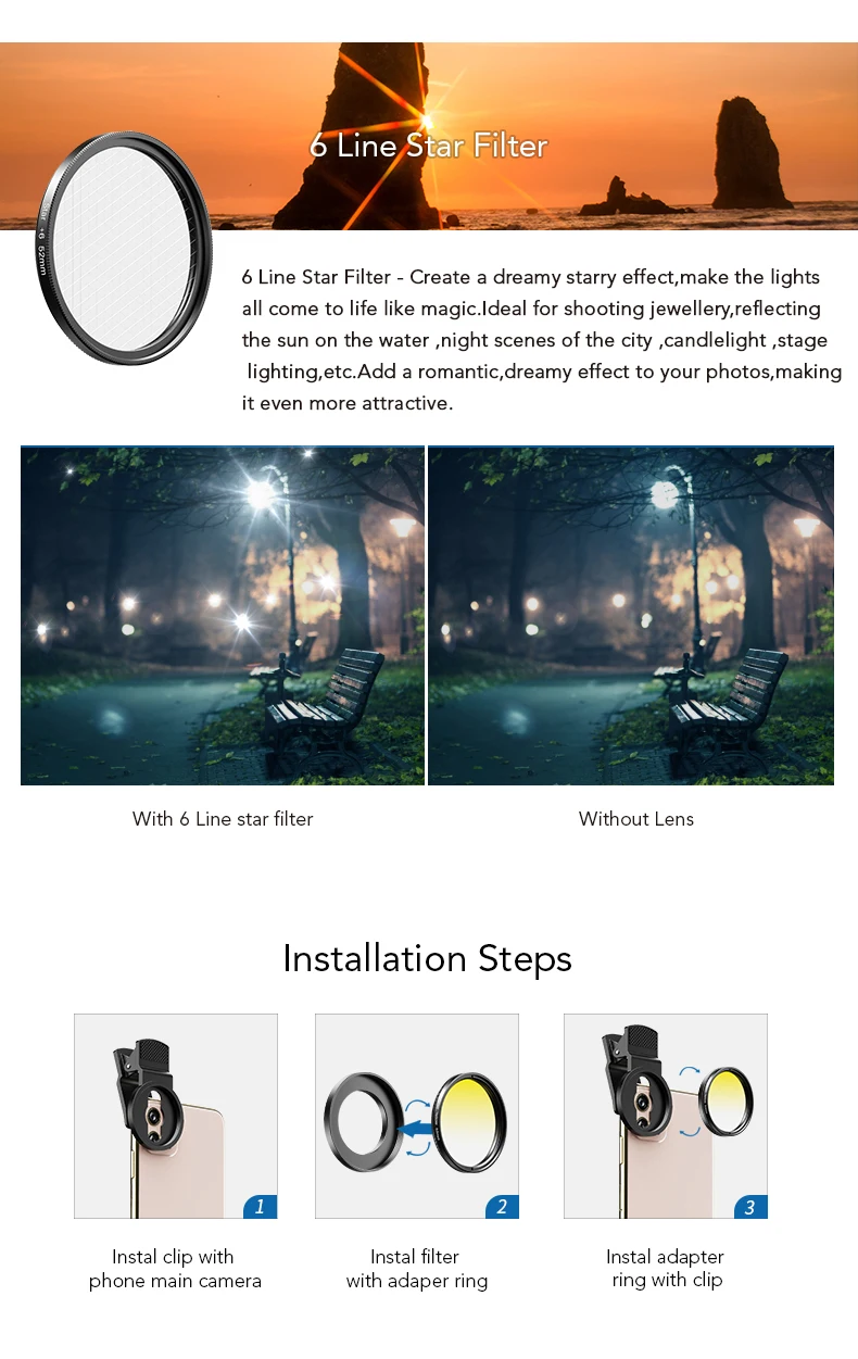 APEXEL 52mm 7in1 Gradual Filter Lens Kit CPL Star Gradient Red Yellow Blue Camera Filters Phone Lens For all smartphones 52UV-G
