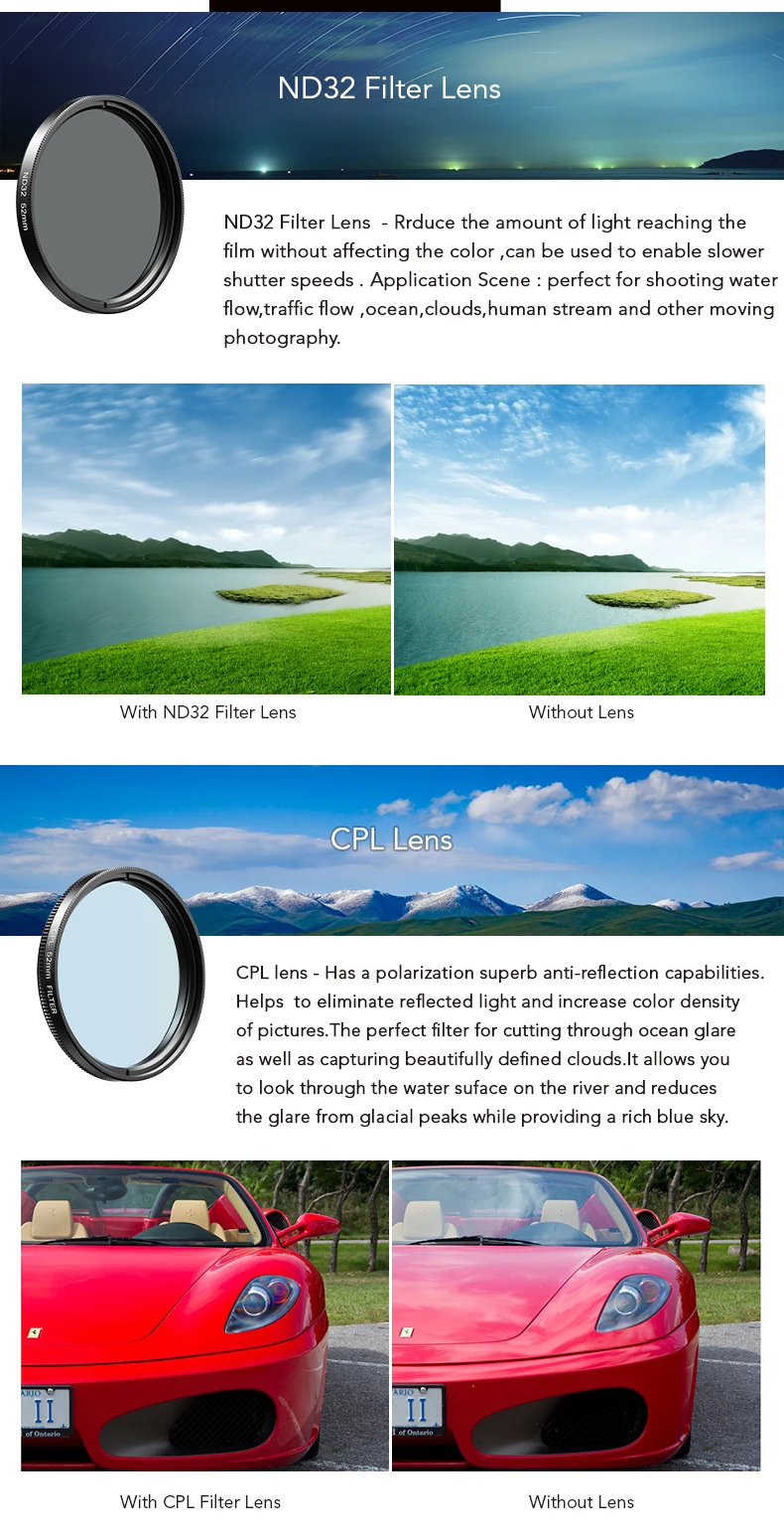 APEXEL 52mm 7in1 Gradual Filter Lens Kit CPL Star Gradient Red Yellow Blue Camera Filters Phone Lens For all smartphones 52UV-G