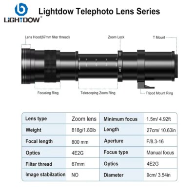 Lightdow 420-800mm f/8.3-16 Manual Telephoto Zoom Lens for Canon RF Canon EF  Nikon F Nikon Z Sony A Sony E Mount Camera - Image 3