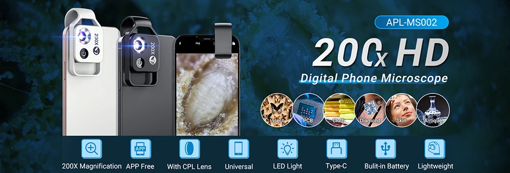 APEXEL 200X Pocket Microscope Lens with CPL Filter LED Light Mini Micro Macro Lenses for iPhone 15 13 14 Samsung All Smartphones APEXEL 200X Pocket Microscope Lens with CPL Filter LED Light Mini Micro Macro Lenses for iPhone 15 13 14 Samsung All Smartphones