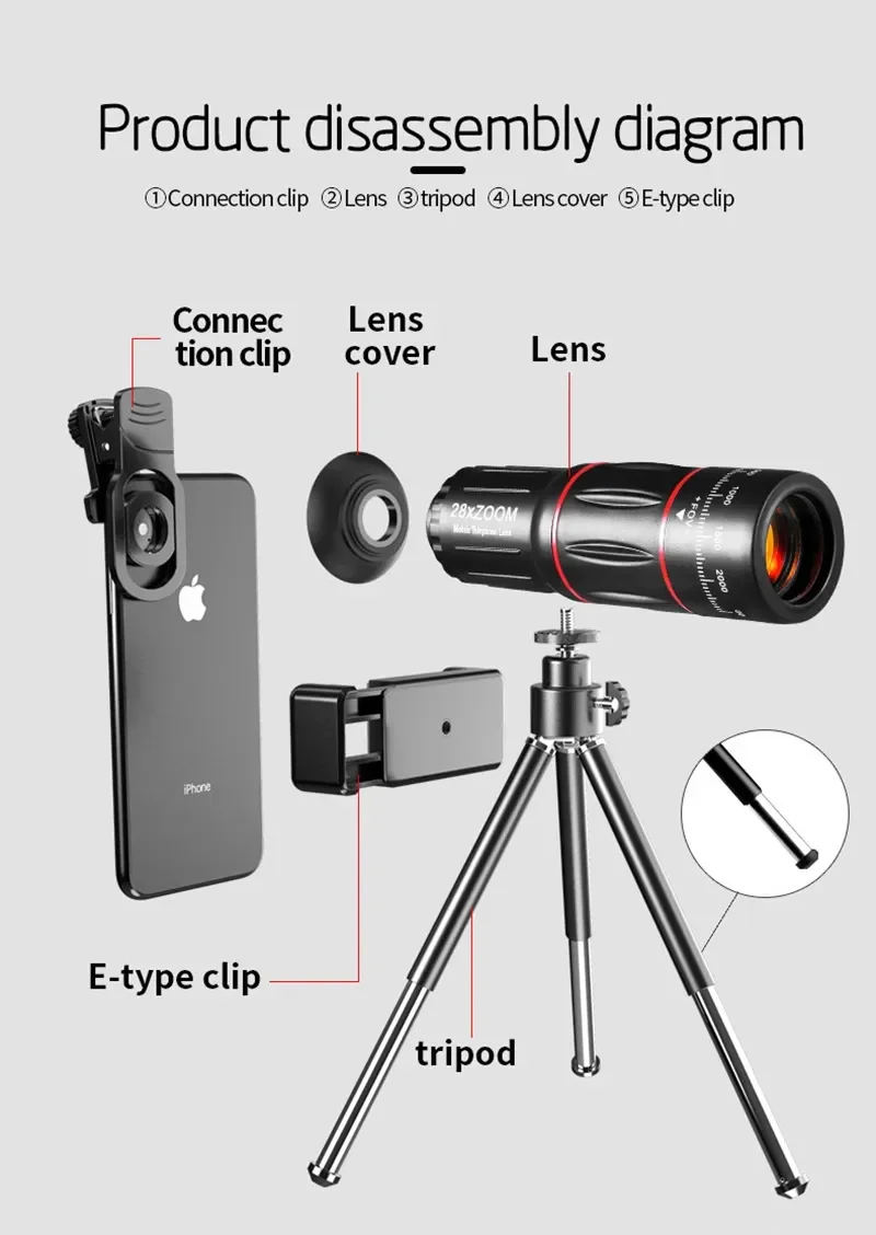 Telephoto Lens 28X HD Camera Phone Lens Telescope Zoom Macro Lens for Iphone Samsung Smartphone Fish Eye Lente Para Celular