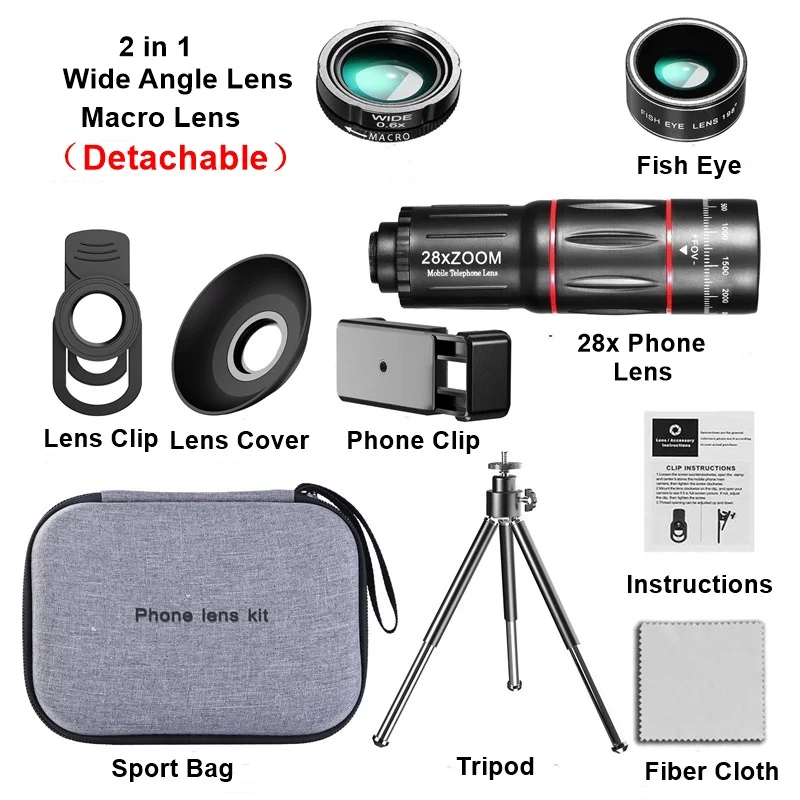 Telephoto Lens 28X HD Camera Phone Lens Telescope Zoom Macro Lens for Iphone Samsung Smartphone Fish Eye Lente Para Celular