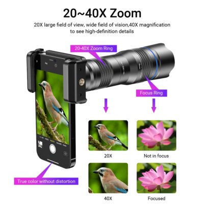 APEXEL HD Metal 20-40x zoom telescope lens phone telephoto Lenses With Extendable Mini Tripod for Samsung iPhone all Smartphones - Image 2