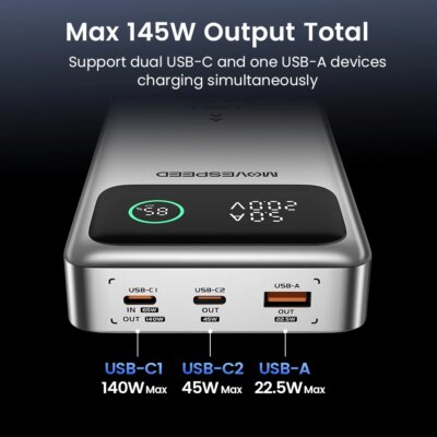 MOVESPEED M25 Pro 140W Power Bank 25000mAh PD3.1 USB-C Fast Charging Powerbank Portable External Battery for MacBook Dell Laptop - Image 6