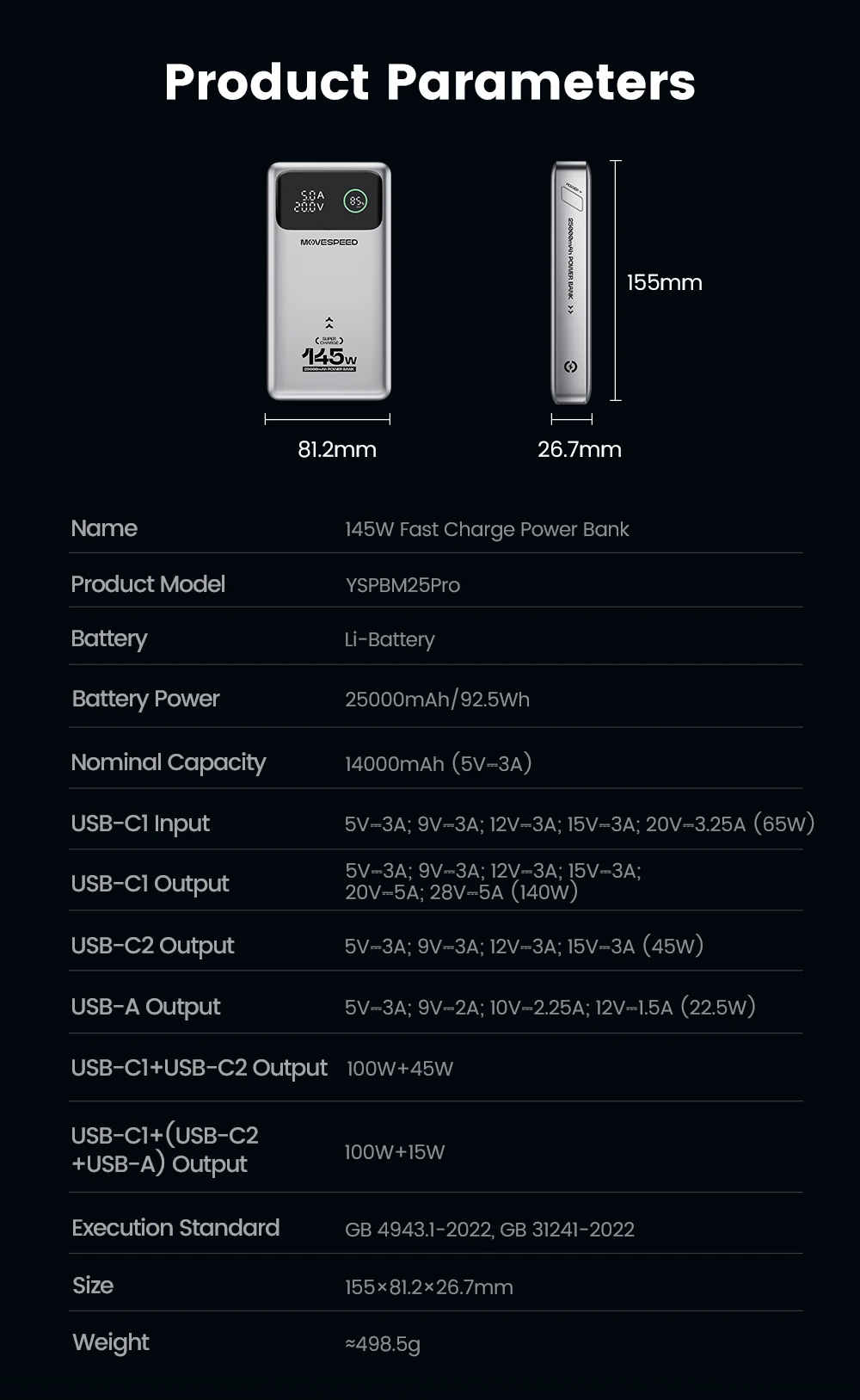MOVESPEED M25 Pro 140W Power Bank 25000mAh PD3.1 USB-C Fast Charging Powerbank Portable External Battery for MacBook Dell Laptop MOVESPEED M25 Pro 140W Power Bank 25000mAh PD3.1 USB-C Fast Charging Powerbank Portable External Battery for MacBook Dell Laptop