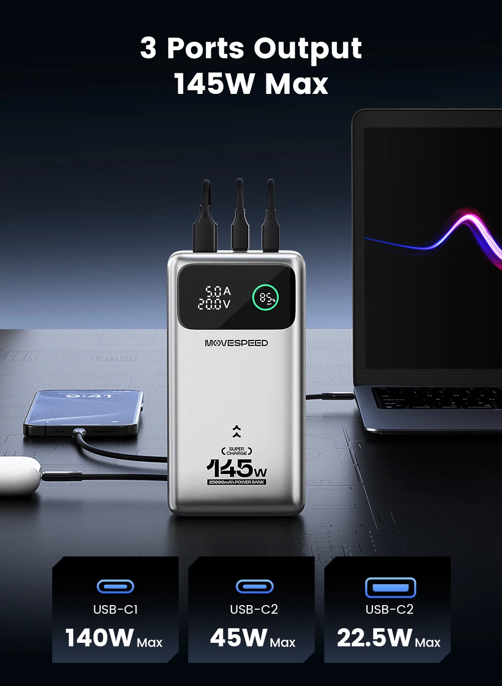 MOVESPEED M25 Pro 140W Power Bank 25000mAh PD3.1 USB-C Fast Charging Powerbank Portable External Battery for MacBook Dell Laptop MOVESPEED M25 Pro 140W Power Bank 25000mAh PD3.1 USB-C Fast Charging Powerbank Portable External Battery for MacBook Dell Laptop