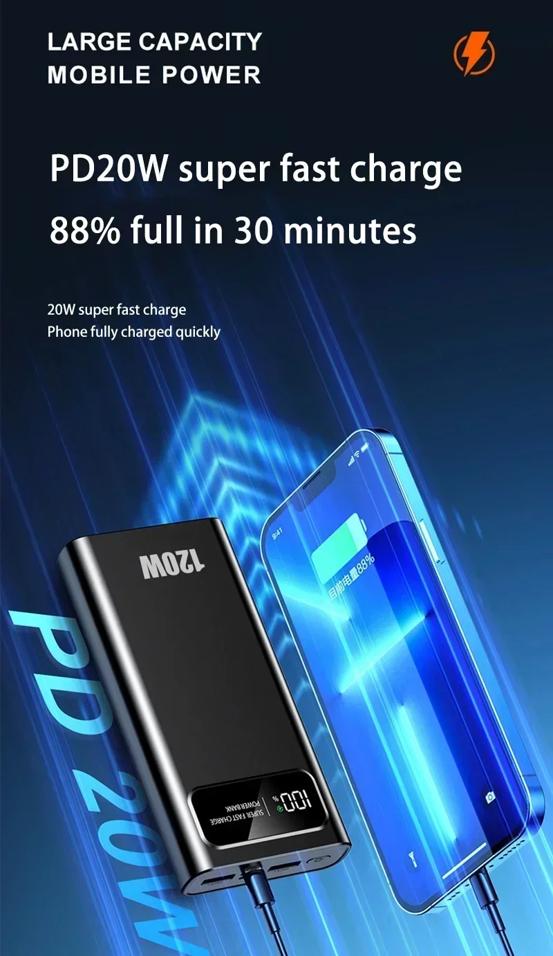 Xiaomi 200000mAh Power Bank Large Capacity 120W Super Fast Charging Portable External Battery With LED Digital Display For phone