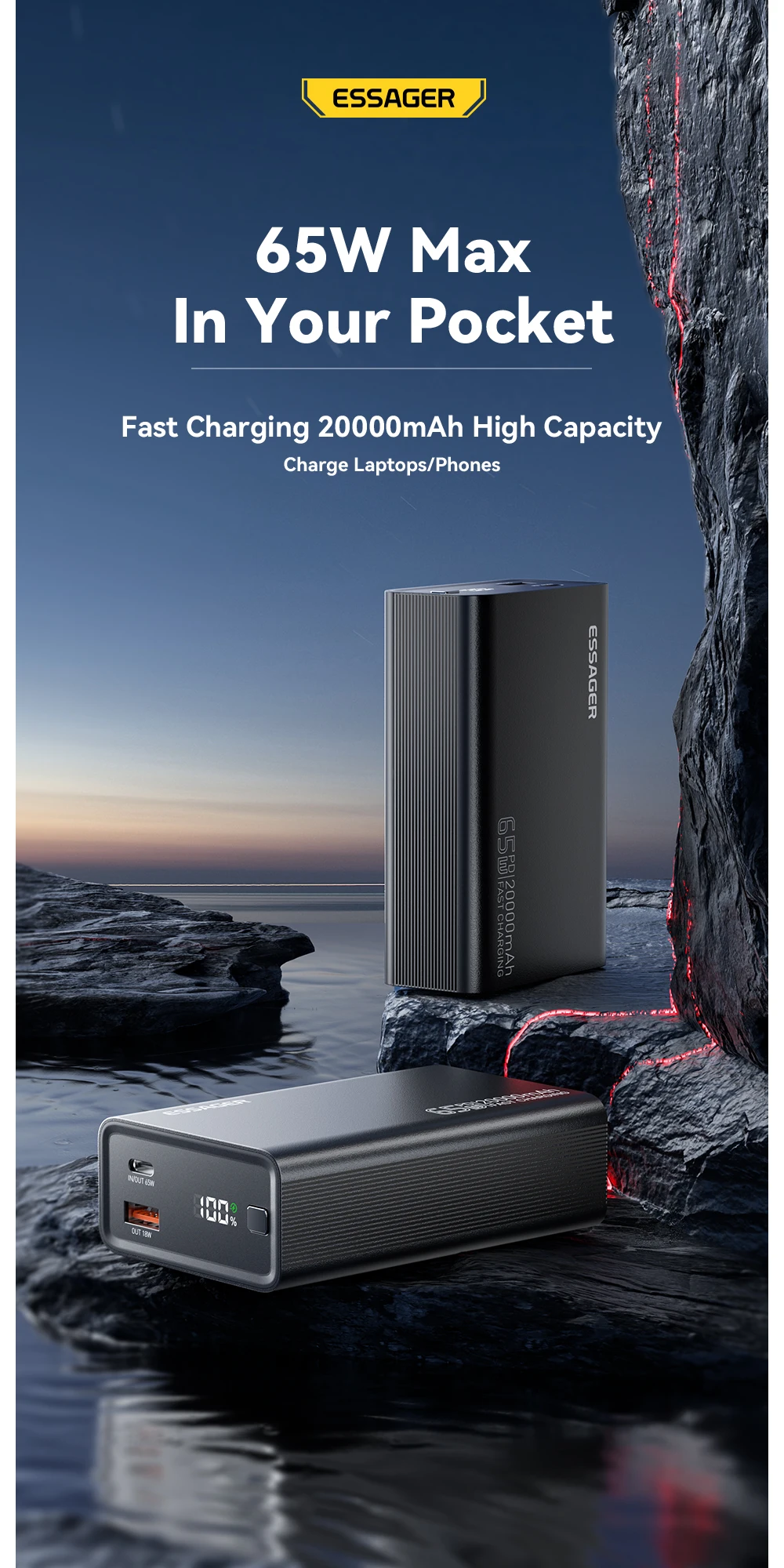 Essager Power Bank 20000mAh Portable PD 65W Fast Charging  Mobile Phone External Battery Powerbank For Phone Laptop Tablet Mac