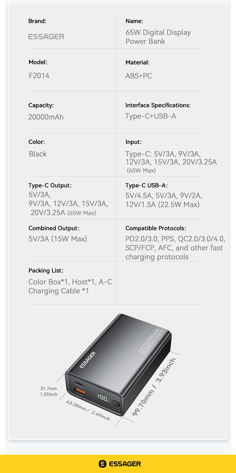 Essager Power Bank 20000mAh Portable PD 65W Fast Charging  Mobile Phone External Battery Powerbank For Phone Laptop Tablet Mac