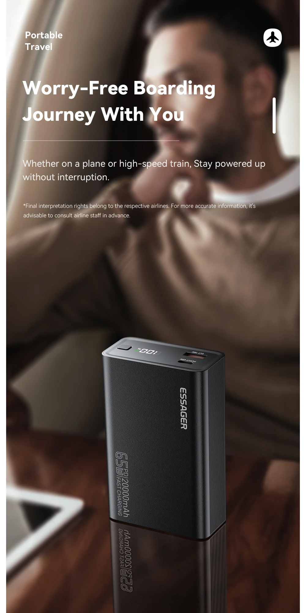 Essager Power Bank 20000mAh Portable PD 65W Fast Charging  Mobile Phone External Battery Powerbank For Phone Laptop Tablet Mac