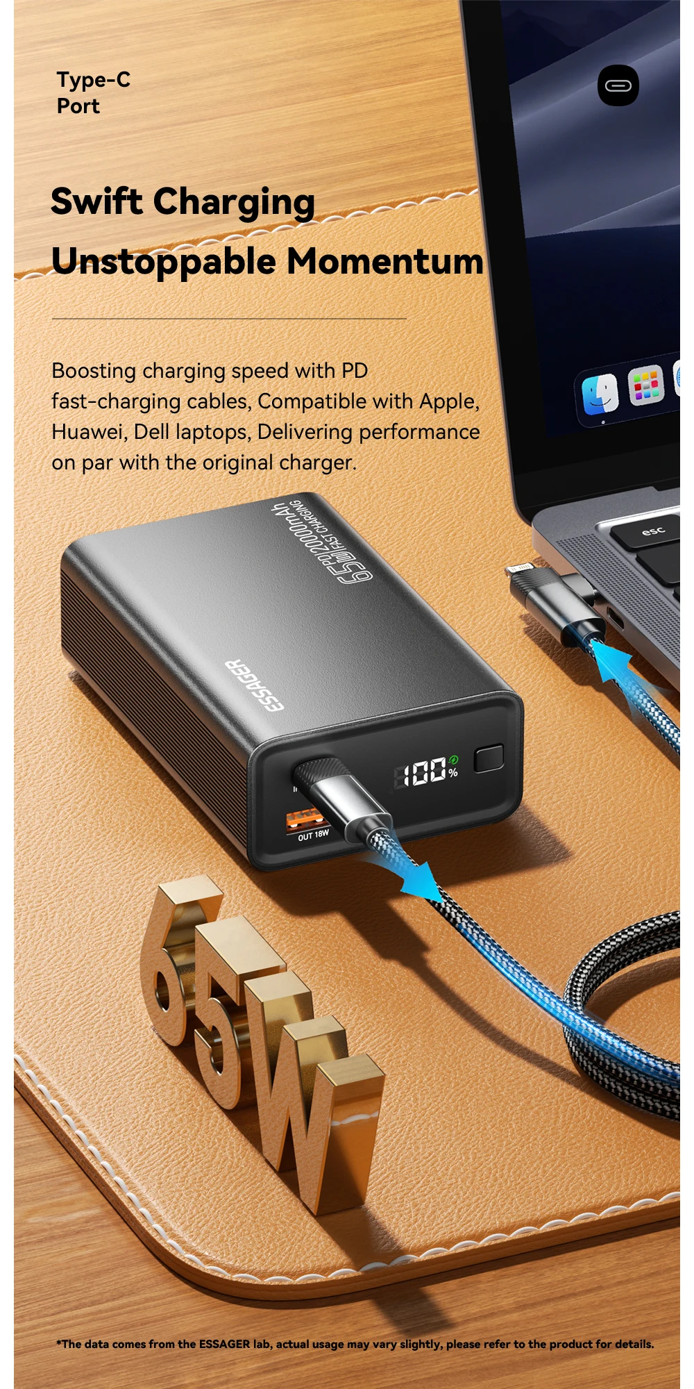 Essager Power Bank 20000mAh Portable PD 65W Fast Charging  Mobile Phone External Battery Powerbank For Phone Laptop Tablet Mac