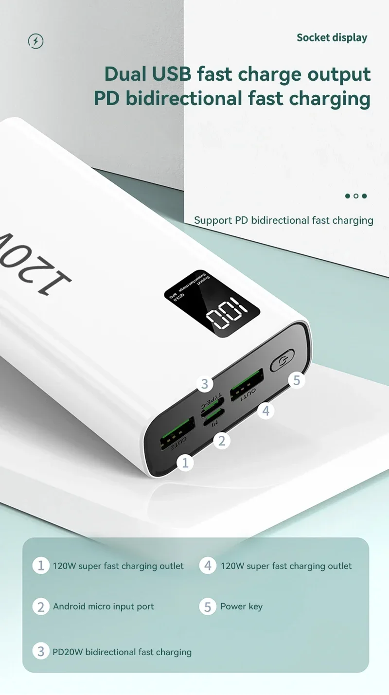 80000mAh Power Bank 120W Super Fast Charging 100% Sufficient Capacity Portable Battery Charger Digital Display For iPhone Xiaomi