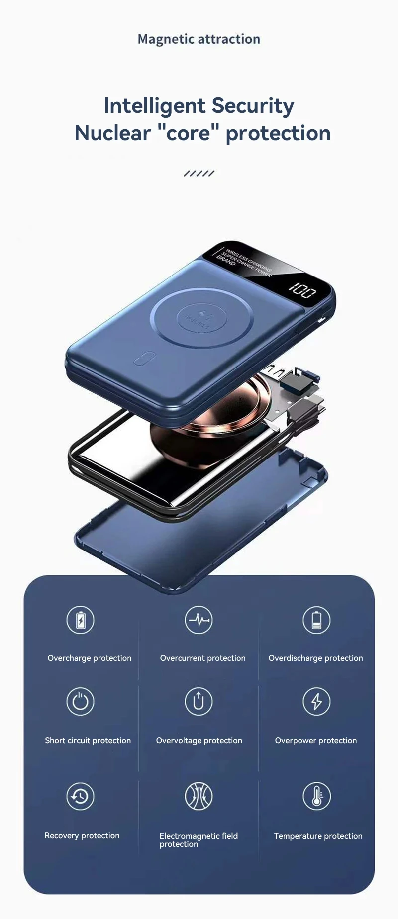 Xiaomi 50000mAh Power Bank Wireless Charging Magsafe Power Bank Magnetic Charging Built-in Cable For Iphone Huawei Samsung