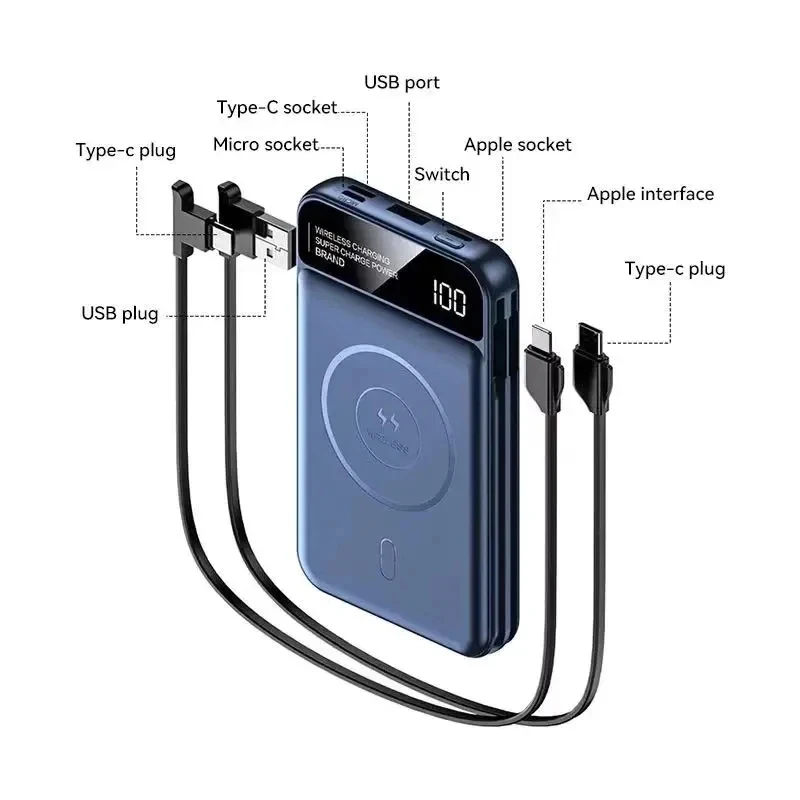 Xiaomi 50000mAh Power Bank Wireless Charging Magsafe Power Bank Magnetic Charging Built-in Cable For Iphone Huawei Samsung