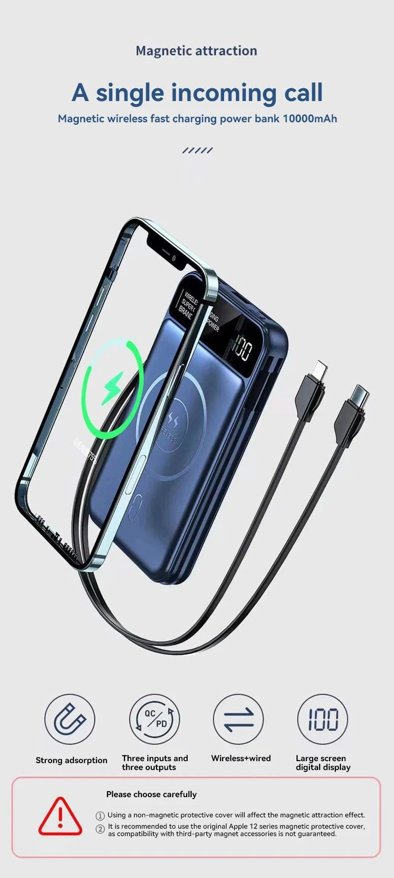 Xiaomi 50000mAh Power Bank Wireless Charging Magsafe Power Bank Magnetic Charging Built-in Cable For Iphone Huawei Samsung