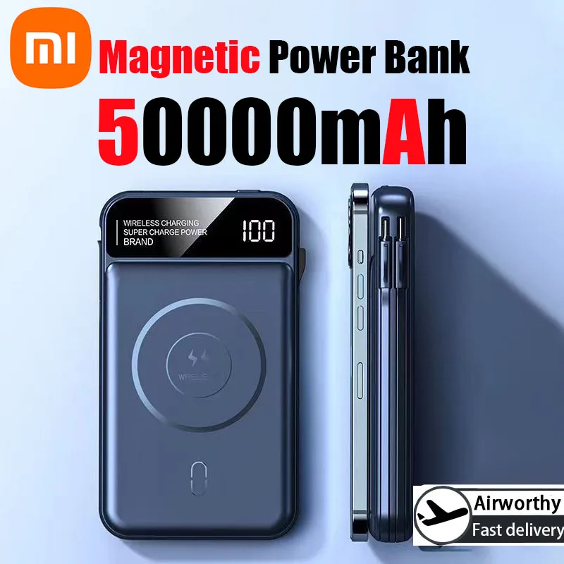 Xiaomi 50000mAh Power Bank Wireless Charging Magsafe Power Bank Magnetic Charging Built-in Cable For Iphone Huawei Samsung