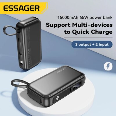 Essager Power Bank Portable 15000mAh in With USB C Cable External Spare Battery Pack for iPhone iPad Macbook 65W Fast Charger - Image 2