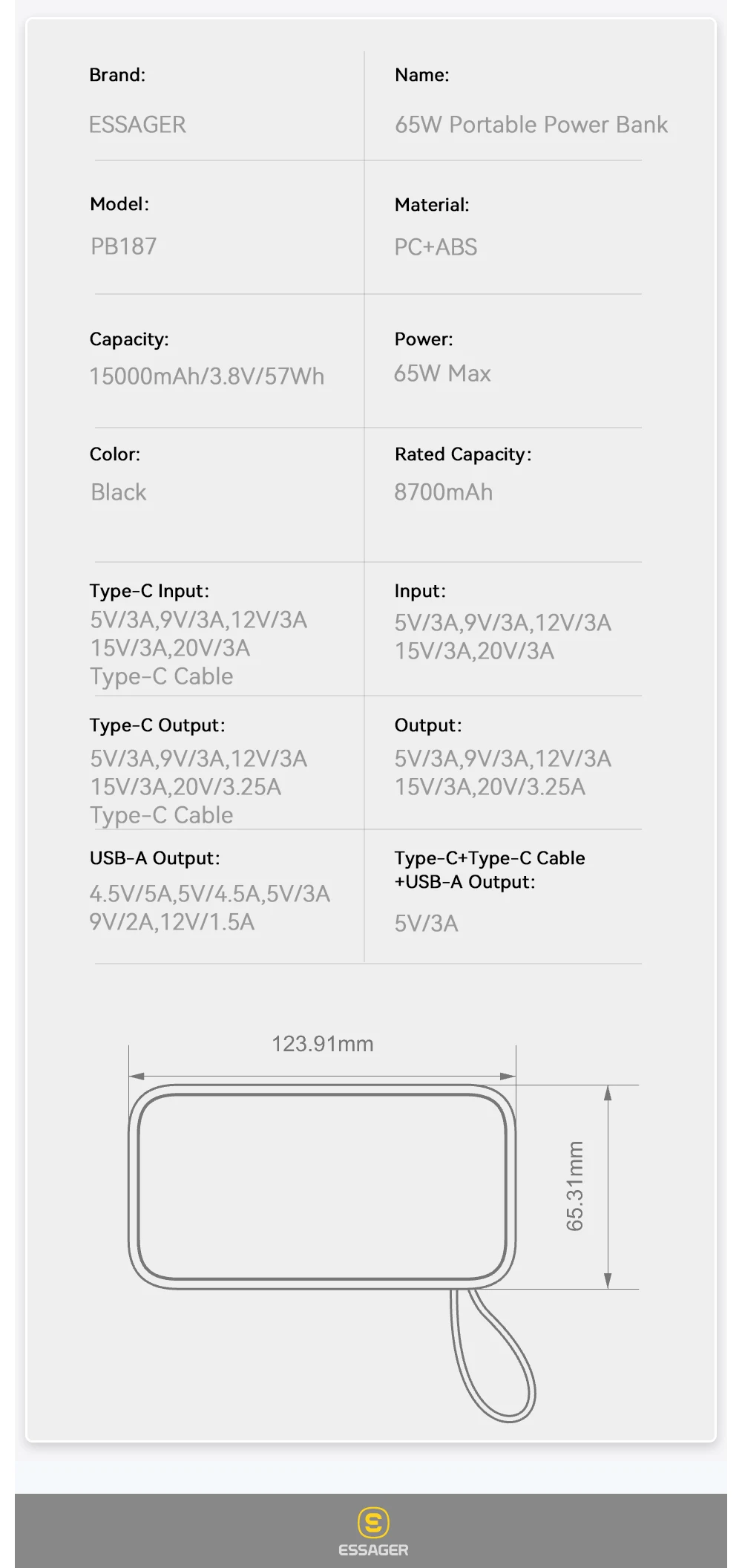 Essager Power Bank Portable 15000mAh in With USB C Cable External Spare Battery Pack for iPhone iPad Macbook 65W Fast Charger