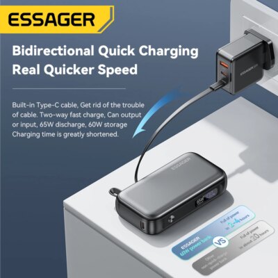 Essager Power Bank Portable 15000mAh in With USB C Cable External Spare Battery Pack for iPhone iPad Macbook 65W Fast Charger - Image 4