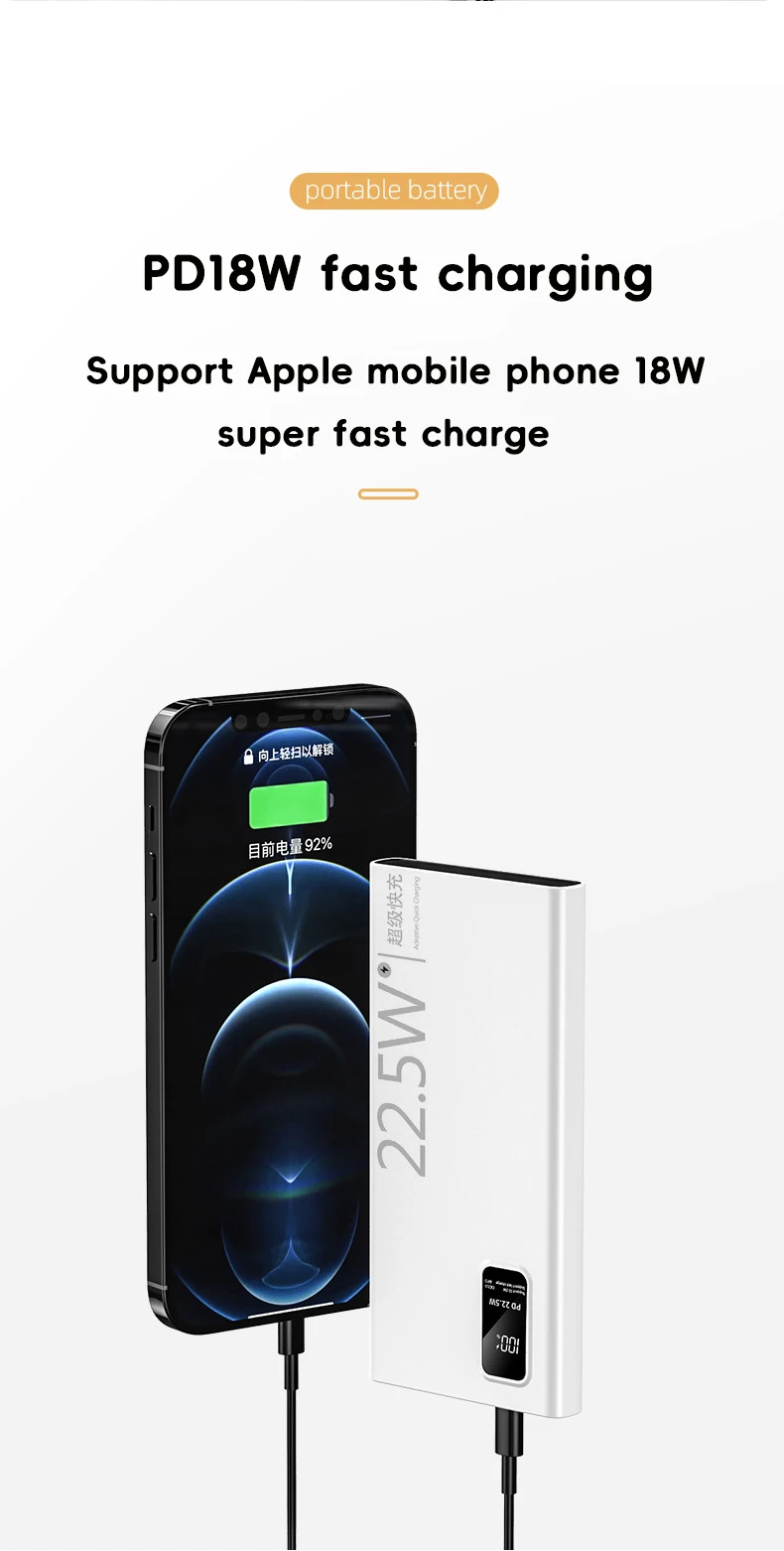 20000mAh Large Capacity Power Bank 22.5W USB C Fast Charger For iPhone Samsung Xiaomi 10000mAh Portable Mobile External Battery