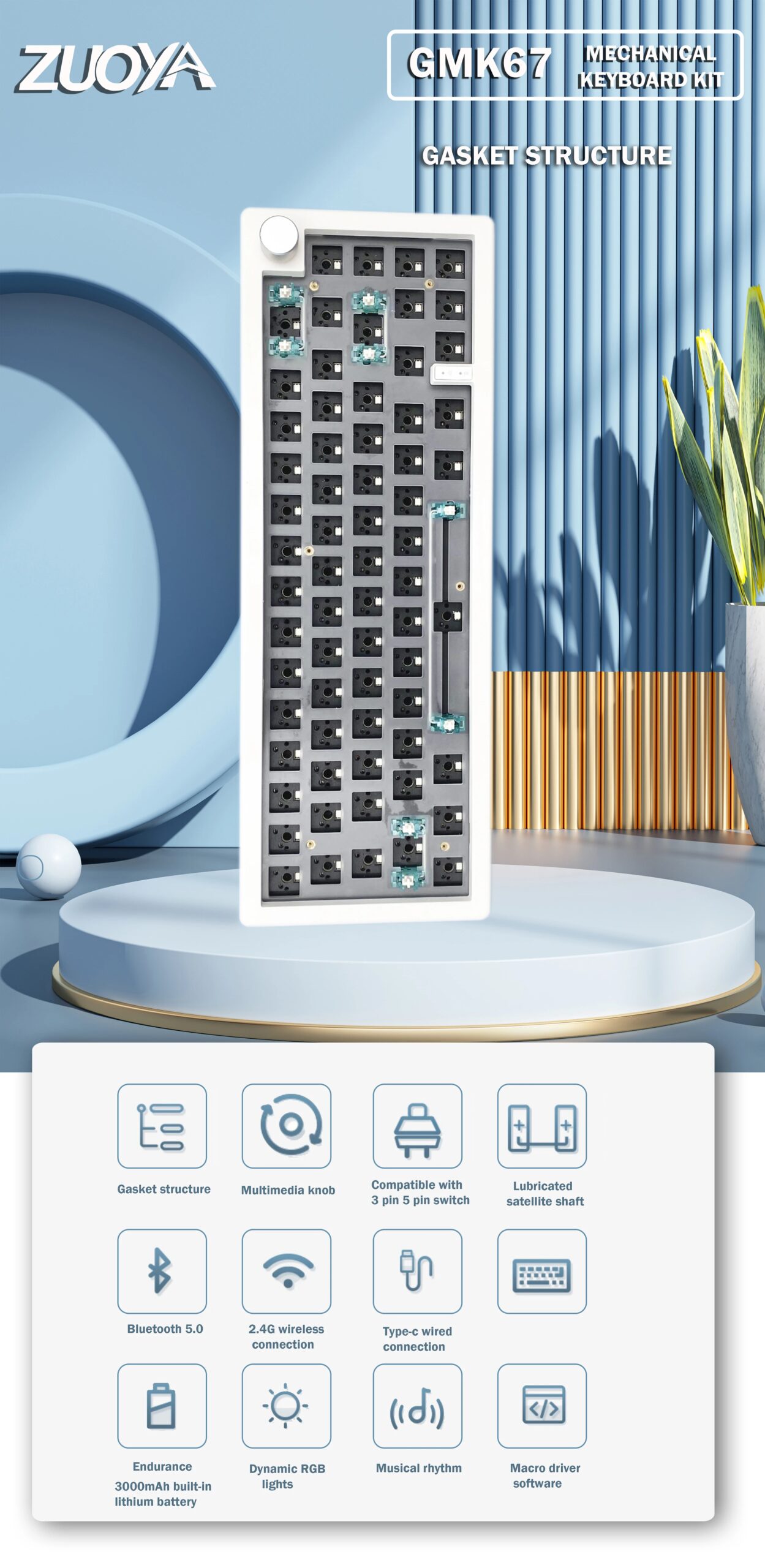GMK67 65% Gasket Bluetooth 2.4G Wireless Hot-swappable Customized Mechanical Keyboard Kit RGB Backlit