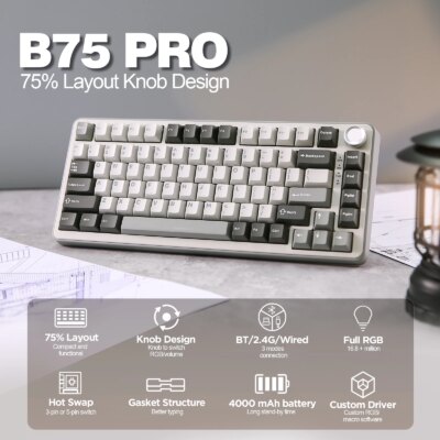 YUNZII B75 PRO 82-Key Wireless Mechanical Gaming Keyboard, Gasket Hot Swap Custom RGB 75% BT/Type-C/2.4G Creamy Knob Keyboard - Image 2