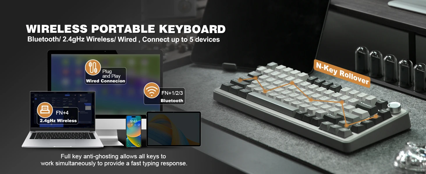 YUNZII B75 PRO 82-Key Wireless Mechanical Gaming Keyboard, Gasket Hot Swap Custom RGB 75% BT/Type-C/2.4G Creamy Knob Keyboard