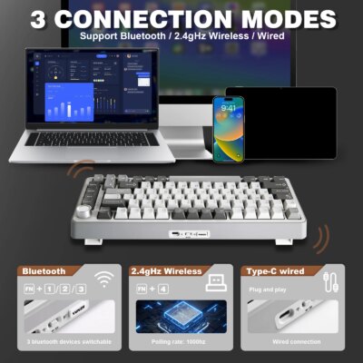 YUNZII B75 PRO 82-Key Wireless Mechanical Gaming Keyboard, Gasket Hot Swap Custom RGB 75% BT/Type-C/2.4G Creamy Knob Keyboard - Image 5