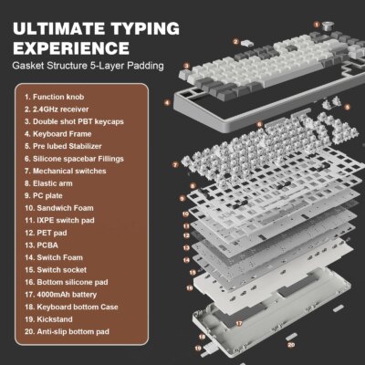 YUNZII B75 PRO 82-Key Wireless Mechanical Gaming Keyboard, Gasket Hot Swap Custom RGB 75% BT/Type-C/2.4G Creamy Knob Keyboard - Image 6