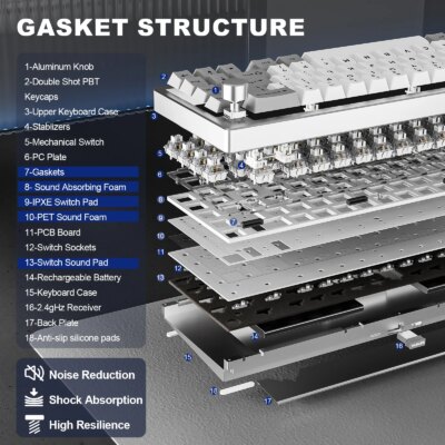 YUNZII AL68 Silver Wireless Custom Mechanical Keyboard, QMK/VIA Aluminum Keyboard, Hot Swap Gasket Gaming Keyboard with Knob - Image 6