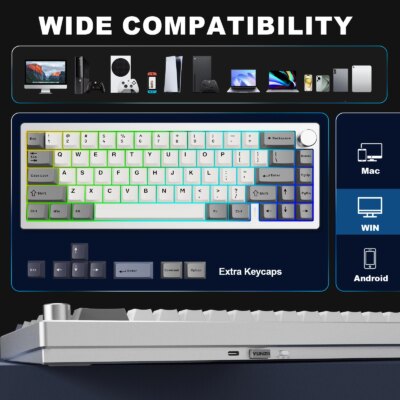 YUNZII AL68 Silver Wireless Custom Mechanical Keyboard, QMK/VIA Aluminum Keyboard, Hot Swap Gasket Gaming Keyboard with Knob - Image 4