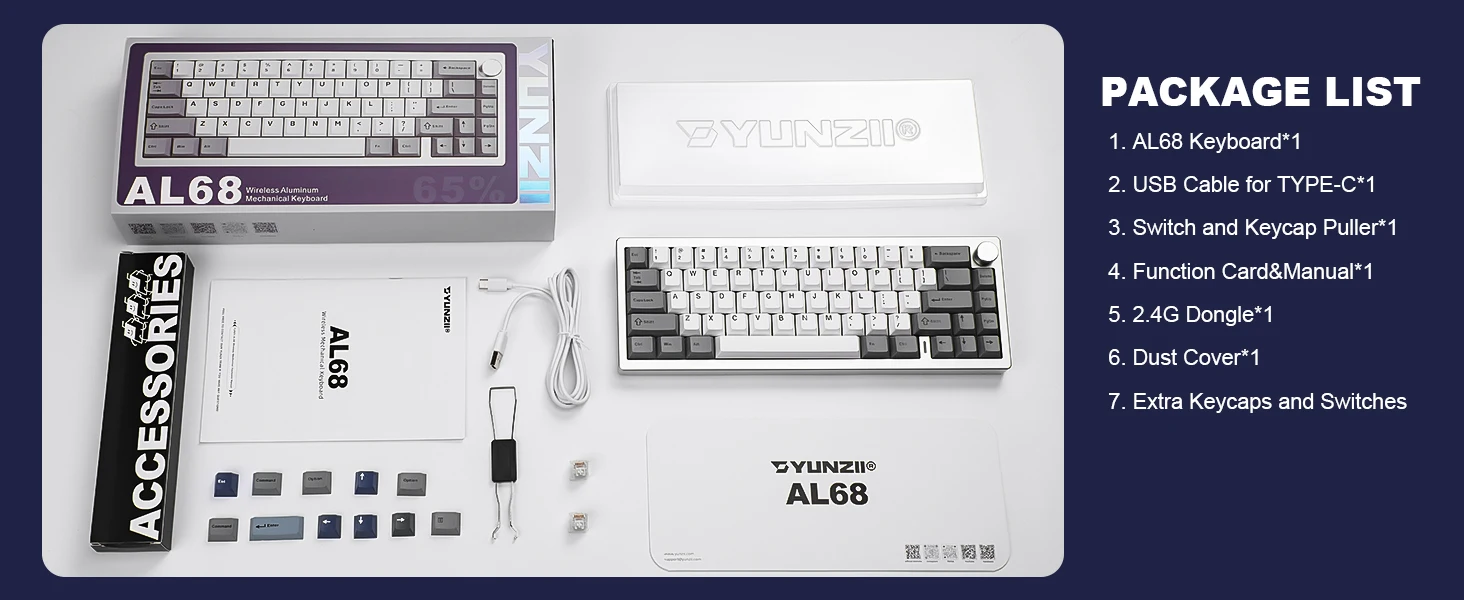 YUNZII AL68 Silver Wireless Custom Mechanical Keyboard, QMK/VIA Aluminum Keyboard, Hot Swap Gasket Gaming Keyboard with Knob