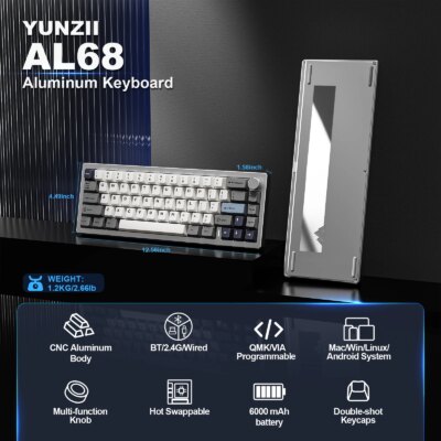 YUNZII AL68 Silver Wireless Custom Mechanical Keyboard, QMK/VIA Aluminum Keyboard, Hot Swap Gasket Gaming Keyboard with Knob - Image 2