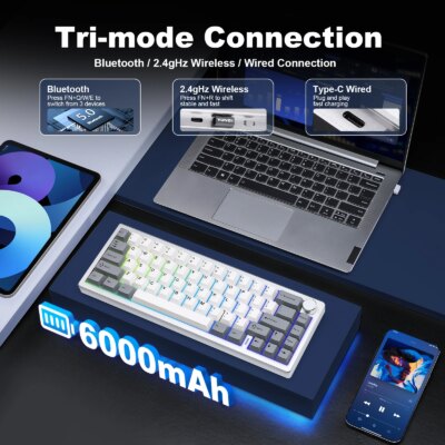 YUNZII AL68 Silver Wireless Custom Mechanical Keyboard, QMK/VIA Aluminum Keyboard, Hot Swap Gasket Gaming Keyboard with Knob - Image 3