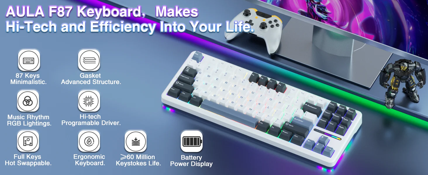 AULA F87 Wireless Keyboard 87 Keys Compact TKL 3 Modes Gasket Gaming Keyboard Hot-Swap RGB Custom RGB Backlit Bluetooth Keyboard AULA F87 Wireless Keyboard 87 Keys Compact TKL 3 Modes Gasket Gaming Keyboard Hot-Swap RGB Custom RGB Backlit Bluetooth Keyboard