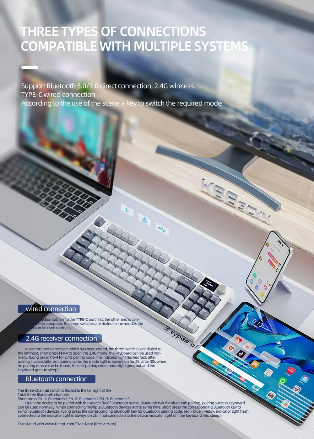 Attack Shark K86 Wireless Mechanical Keyboard 75% Layout Full Key Hot-swappable TFT Screen Metal Knob Macro Defined Keyboard