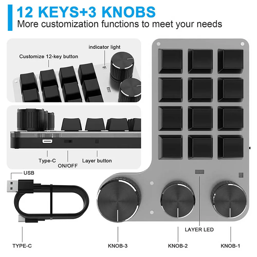 Bluetooth Programming Macro Custom 3 Knob Keyboard RGB 12 Key Copy Paste Photoshop Gaming Keypad Mechanical Hotswap Macropad