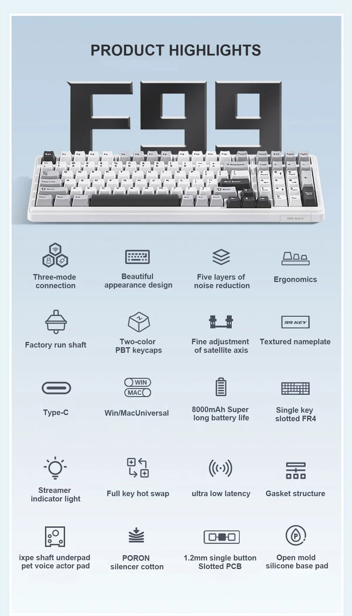AULA F99 Wireless Mechanical Keyboard Tri-Mode Hot Swappable Custom Keyboard Gasket Structure for PC/Tablet/Xbox/PS4/PS5