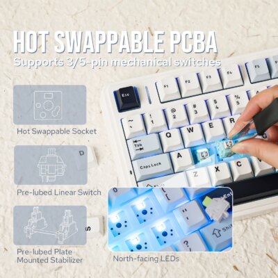 EPOMAKER x AULA F75 75% 80 Keys Hot-Swap Gasket Bluetooth 5.0/2.4G Wireless/Wired Mechanical Keyboard PBT Keycaps for Mac/Win - Image 3