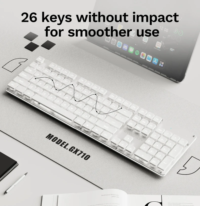 EWEADN GX710S Office Keyboard silent, All-Metal Panel 104 Keys Wired with Water Drop Keycaps, for Game and Office White & Black