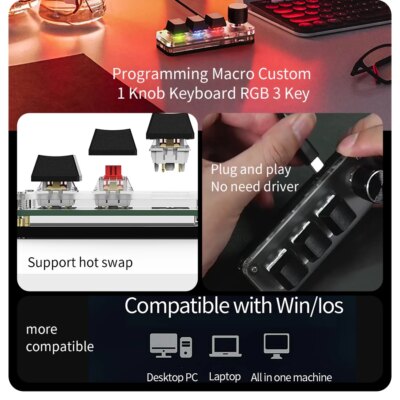 Macro Mechanical Keyboard RGB Mini Gaming Custom Programming Knob Keypads 3 Keys For Photoshop - Image 5
