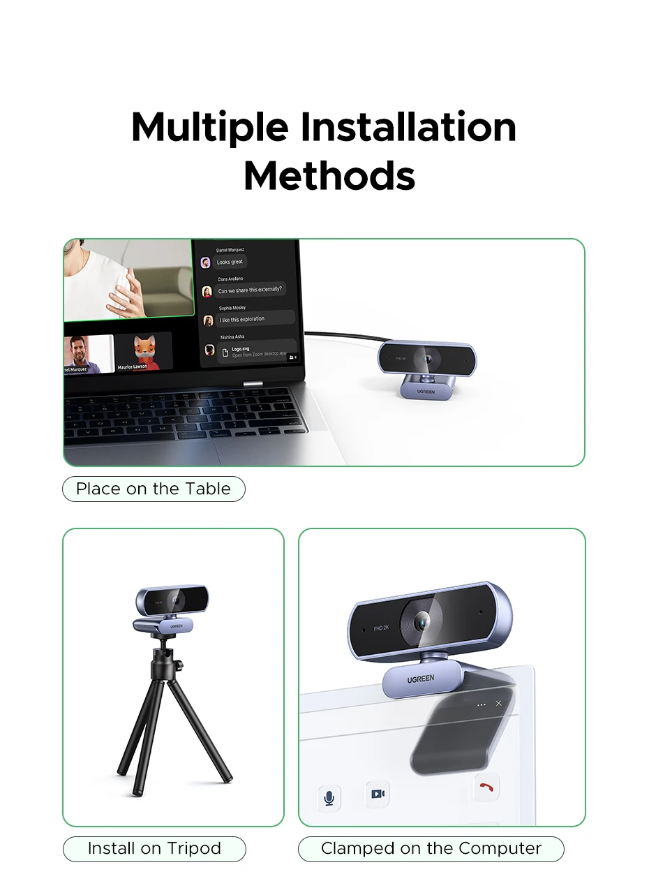 UGREEN 2K Webcam with Microphone, Full HD USB Web Camera, Adjustable FOV, Auto Light Correction, Video Webcam for Streaming