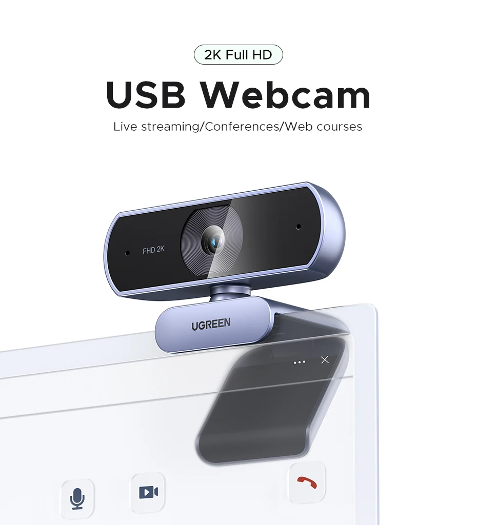 UGREEN 2K Webcam with Microphone, Full HD USB Web Camera, Adjustable FOV, Auto Light Correction, Video Webcam for Streaming