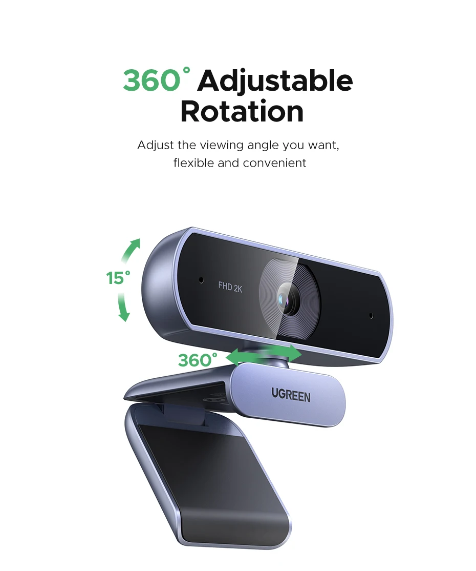 UGREEN 2K Webcam with Microphone, Full HD USB Web Camera, Auto Light Correction, Video Webcam for Streaming