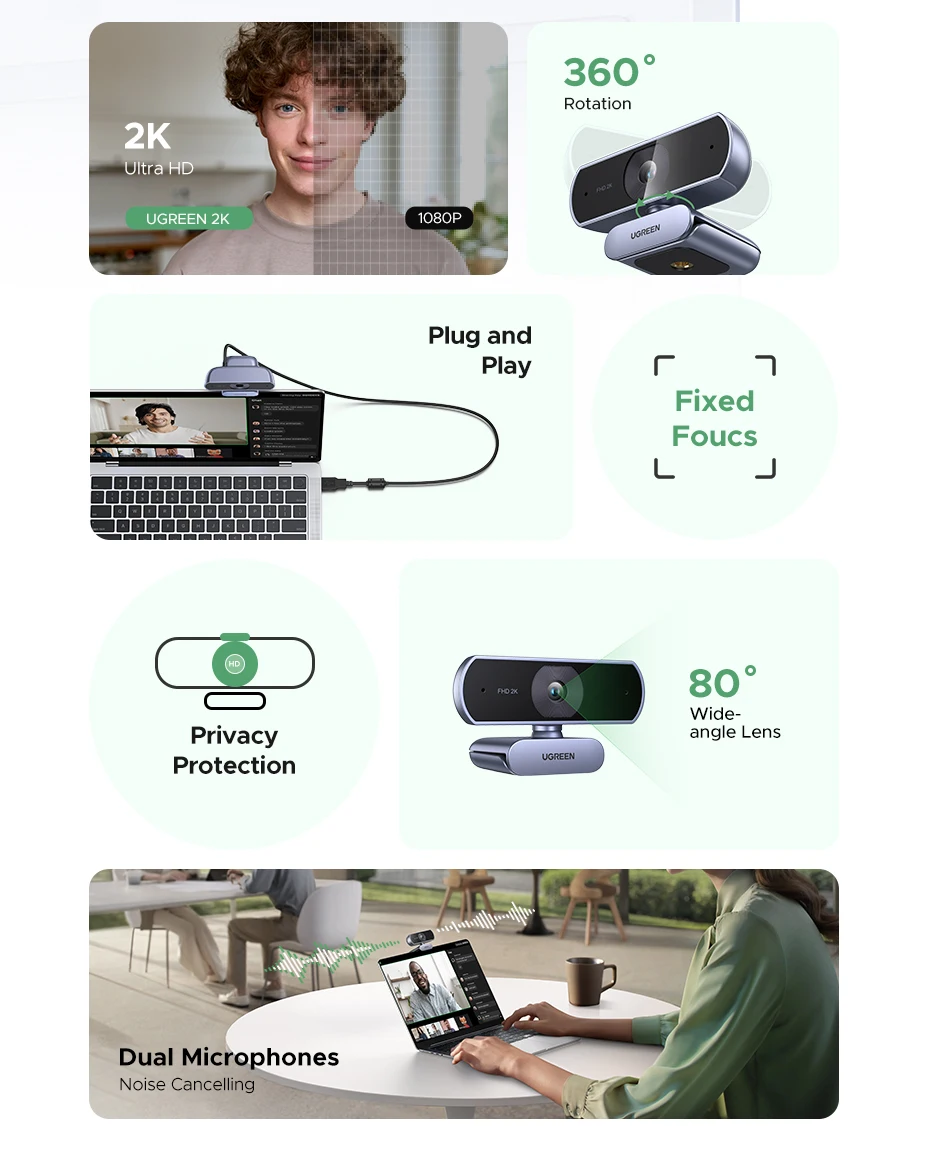 UGREEN 2K Webcam with Microphone, Full HD USB Web Camera, Auto Light Correction, Video Webcam for Streaming