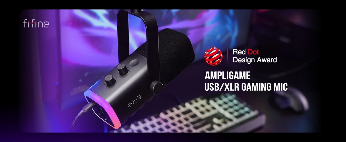 FIFINE USB/XLR Dynamic Microphone with RGB Control/Headphone jack/Mute,MIC for PC Gaming Recording Streaming AmpliGame-AM8