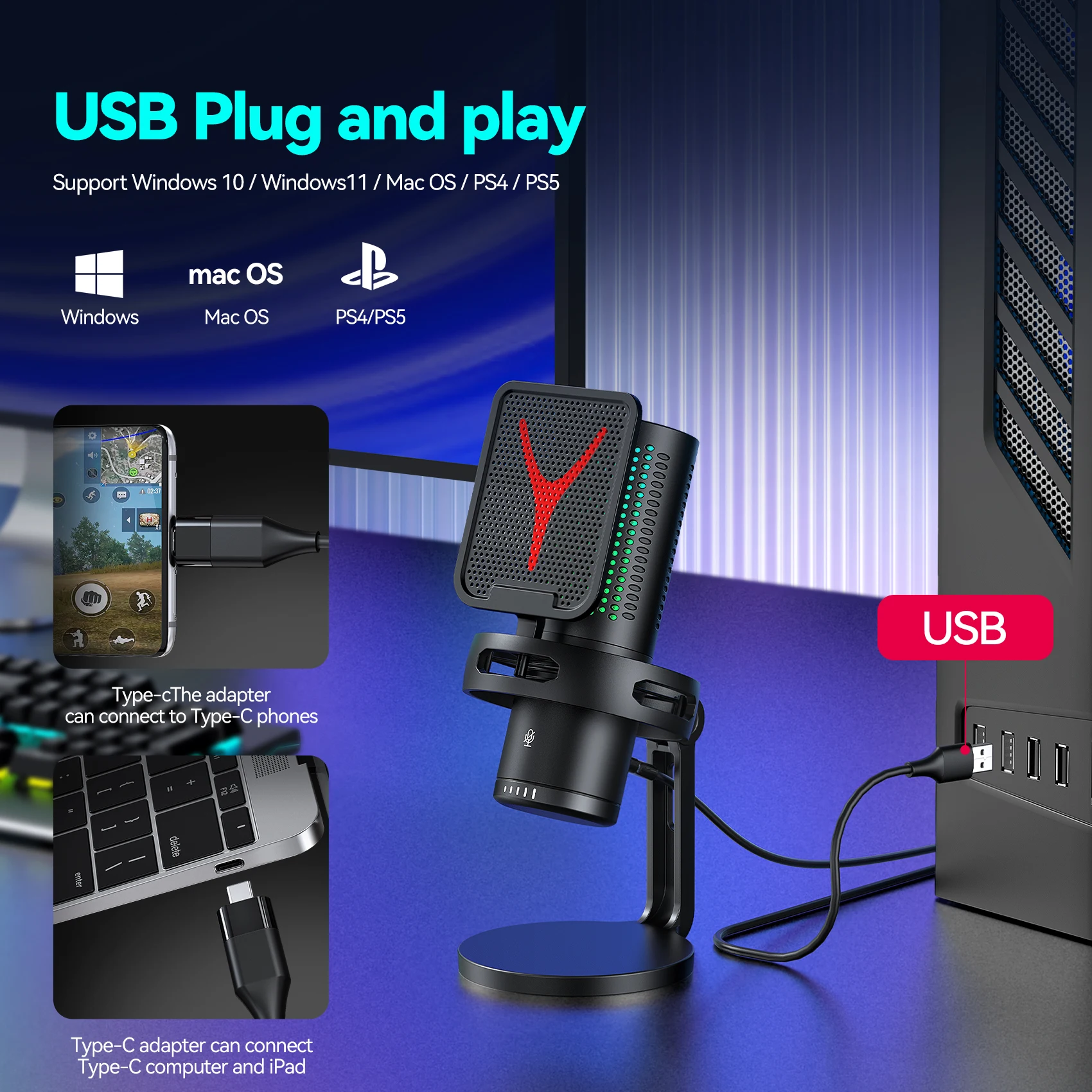 Condenser Professional Microphone Mic For PC Laptop Computer Gaming USB Wired Streaming Podcast Studio Mike Kit Gamer Accessory Condenser Professional Microphone Mic For PC Laptop Computer Gaming USB Wired Streaming Podcast Studio Mike Kit Gamer Accessory