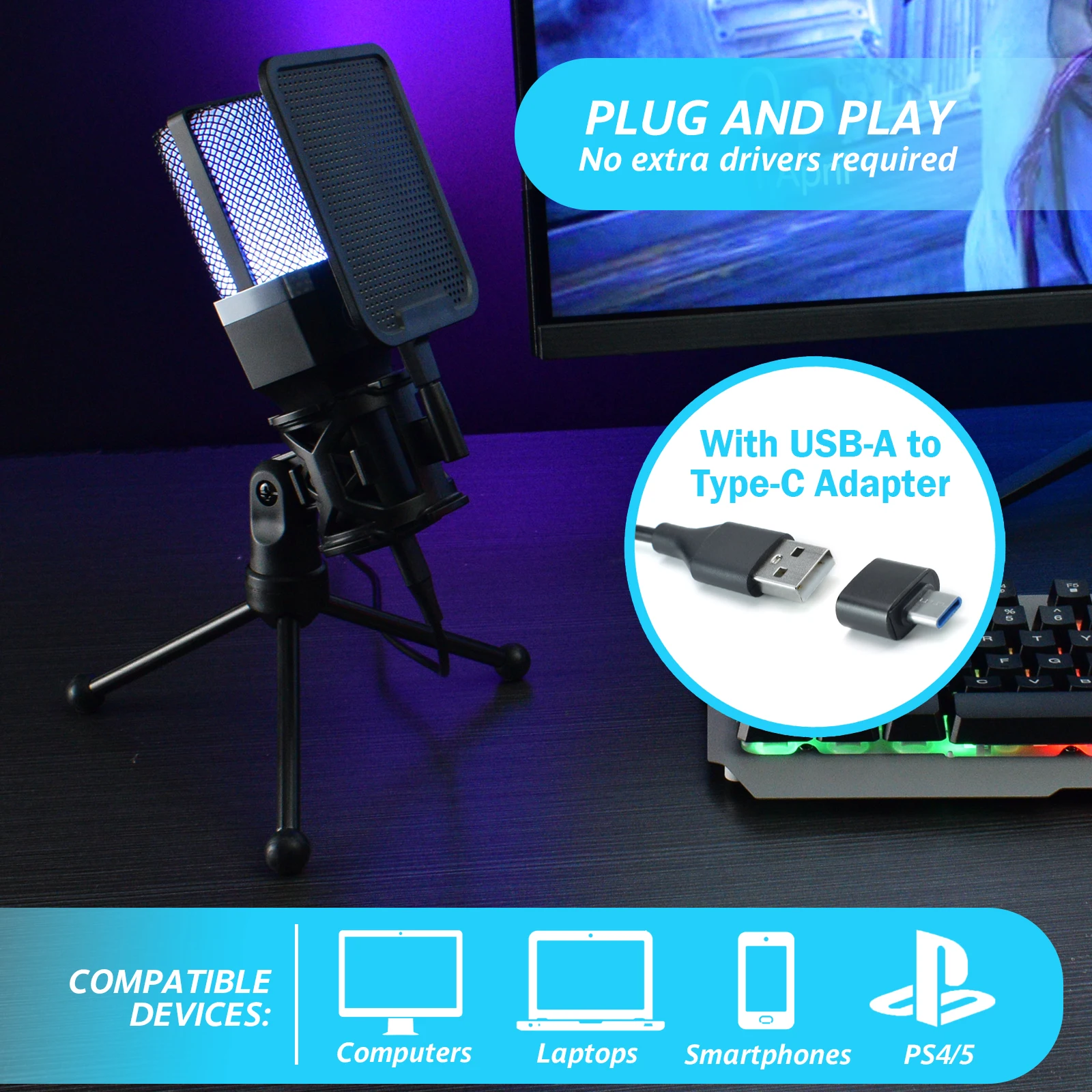 Condenser Professional Microphone Mic For PC Laptop Computer Gaming USB Wired Streaming Podcast Studio Mike Kit Gamer Accessory Condenser Professional Microphone Mic For PC Laptop Computer Gaming USB Wired Streaming Podcast Studio Mike Kit Gamer Accessory