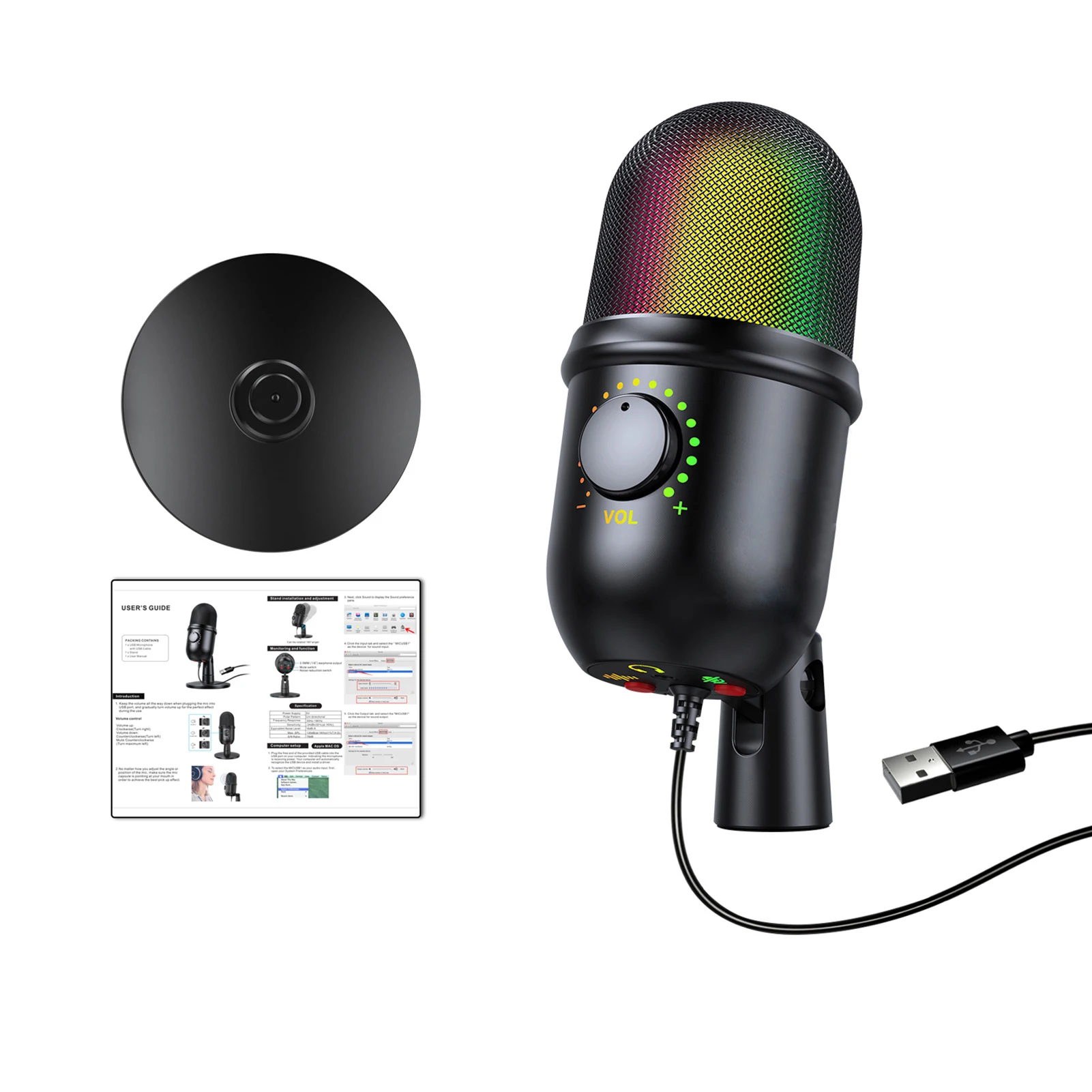 RGB Game Condenser Microphone With Breathing Light Desktop Mic Stand for Laptop PC Live Streaming Video Conference Online