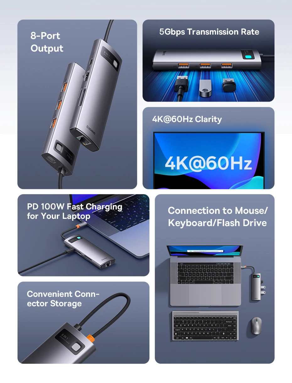 Baseus 4K 60Hz USB C Hub Type C to Ethernet Port PD 100W Adapter for Macbook Pro USB 3.0 Hub Laptop Tablet Accessories Baseus 4K 60Hz USB C Hub Type C to Ethernet Port PD 100W Adapter for Macbook Pro USB 3.0 Hub Laptop Tablet Accessories